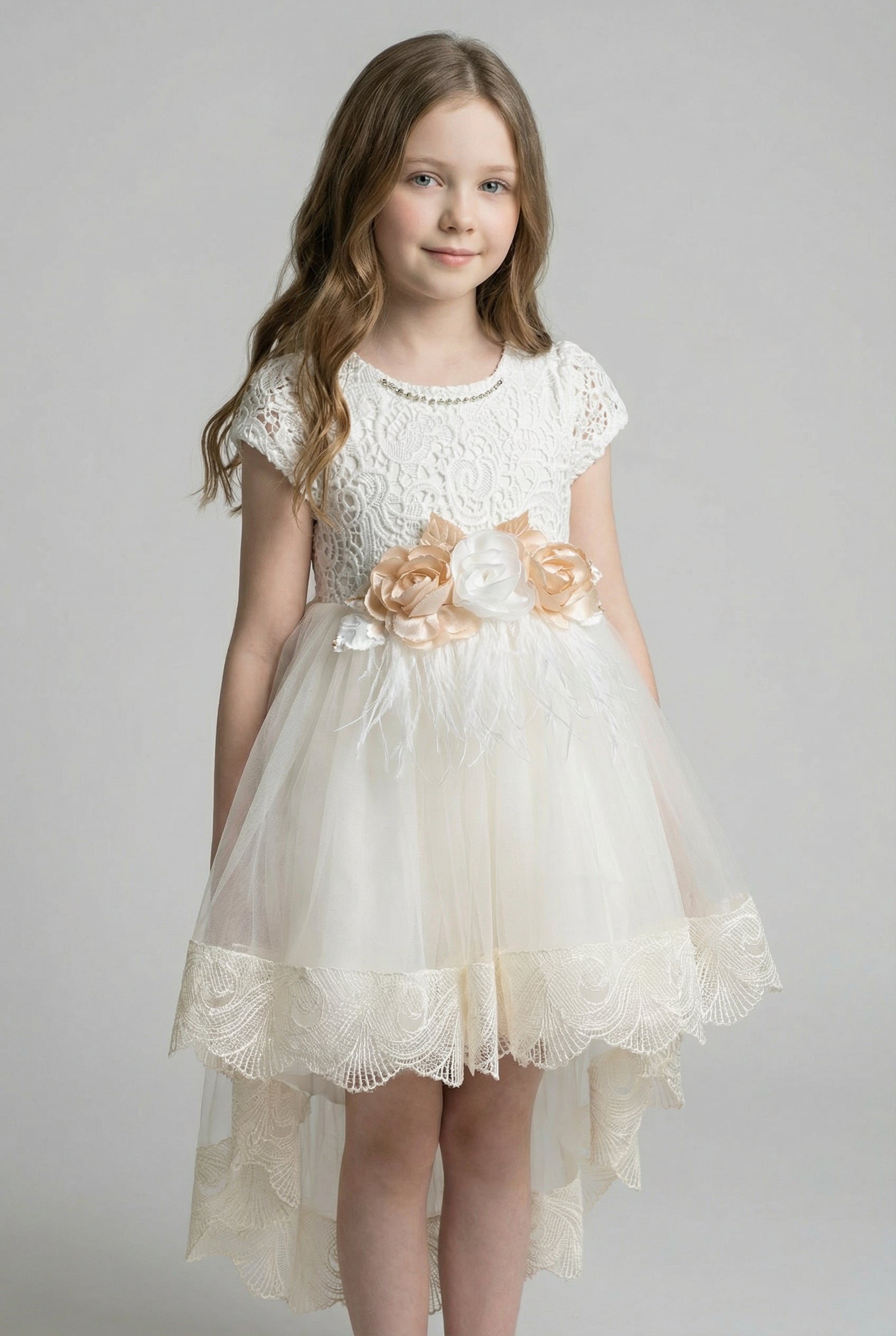 Girls Ivory Lace High-Low Tulle Dress