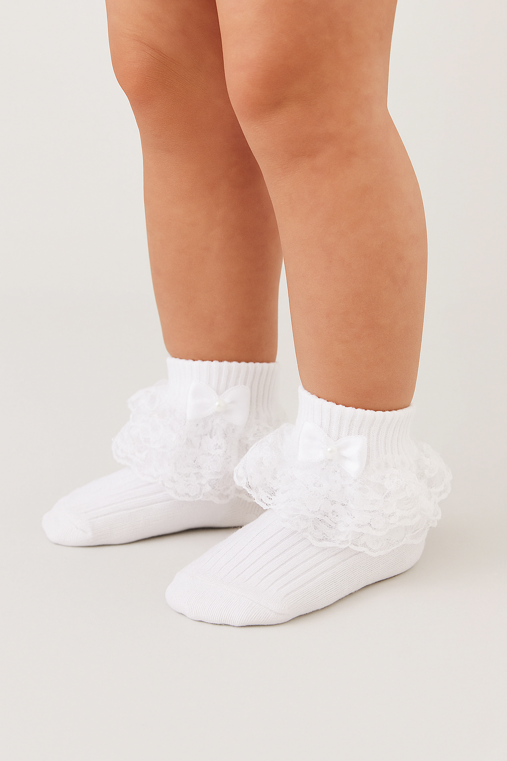 Girls' Lace Frill Socks with Satin Bow - ROXANNE - White