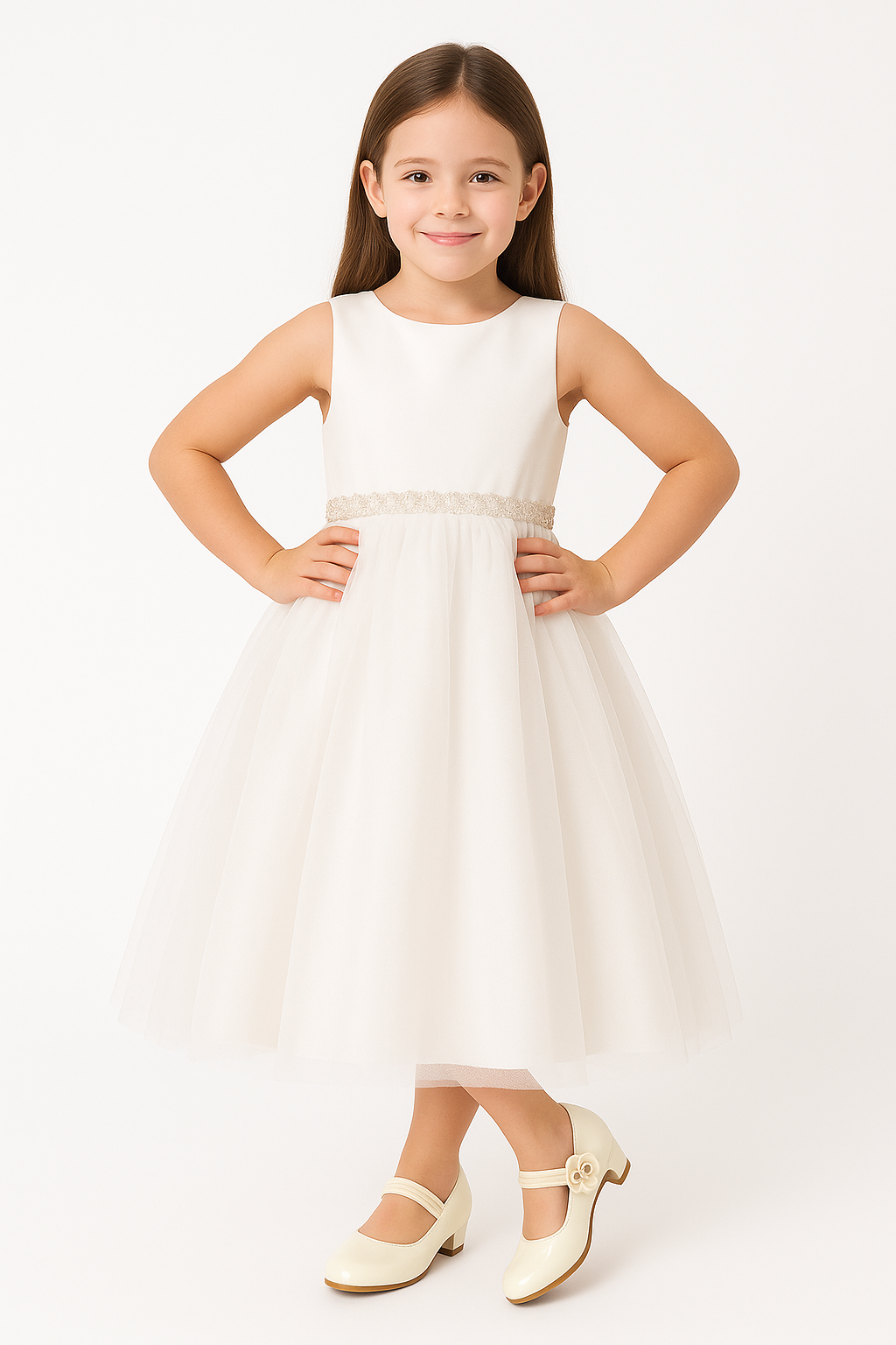 Girls' Mary Jane Low Heal Patent Dress shoes - Ivory Model Picture