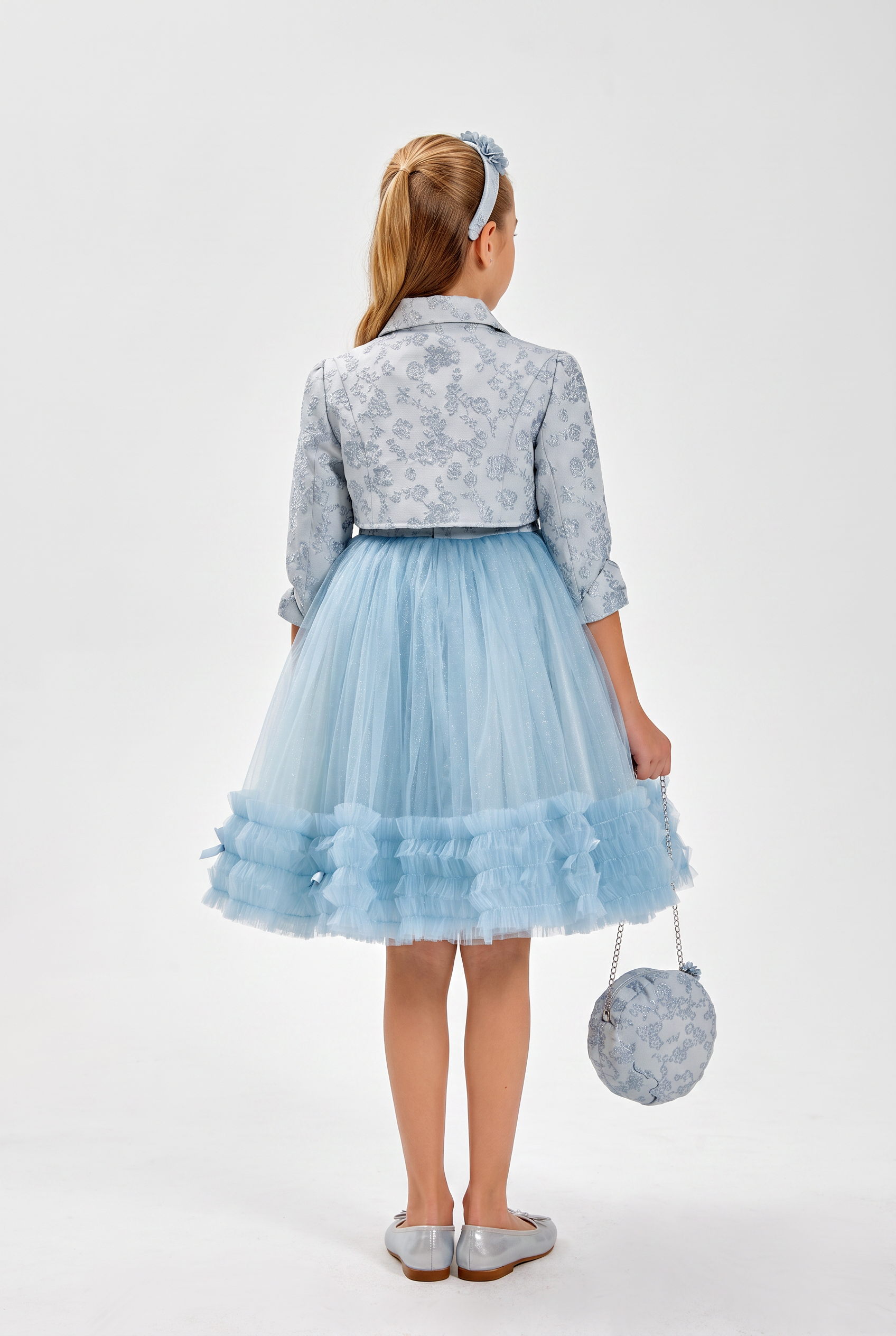 Girls Pale Blue Tulle Party Dress with Brocade Jacket, Handbag & Headband – 4 Piece Occasion Set