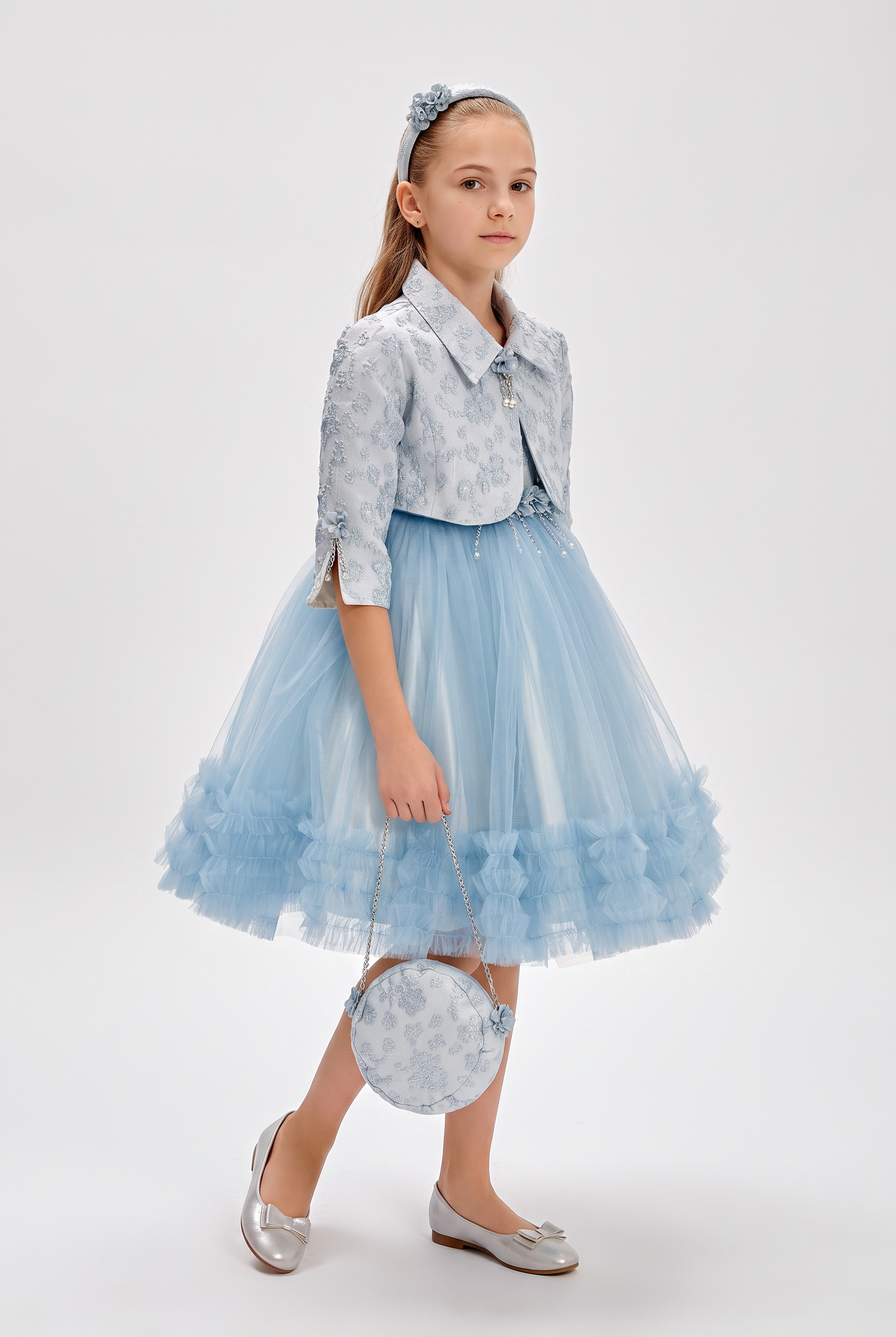Girls Pale Blue Tulle Party Dress with Brocade Jacket, Handbag & Headband – 4 Piece Occasion Set