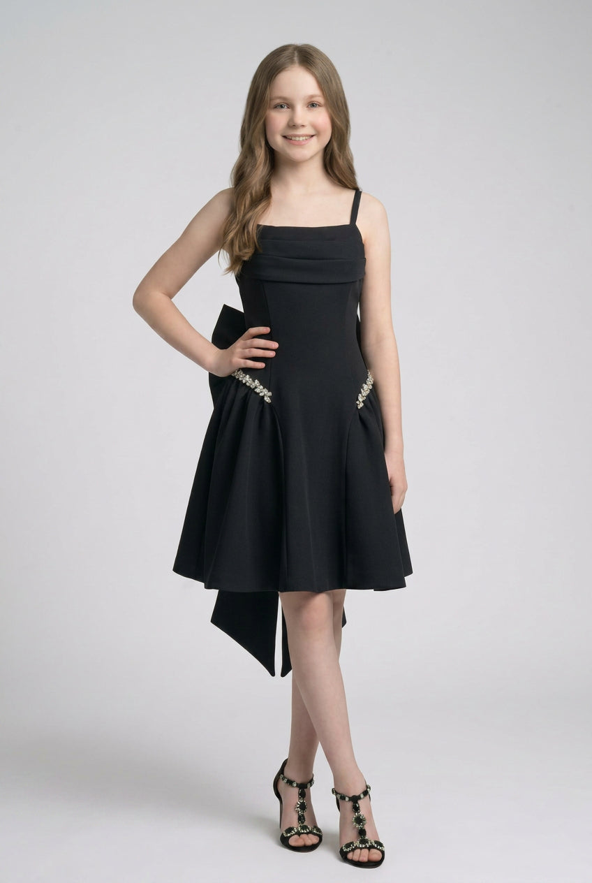 Girls Party Dress with Crystal Hip Detail & Bow - Black