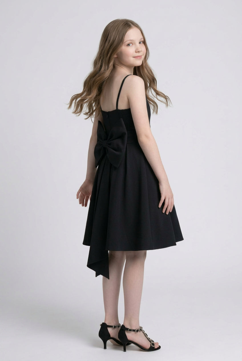 Girls Party Dress with Crystal Hip Detail & Bow - Black