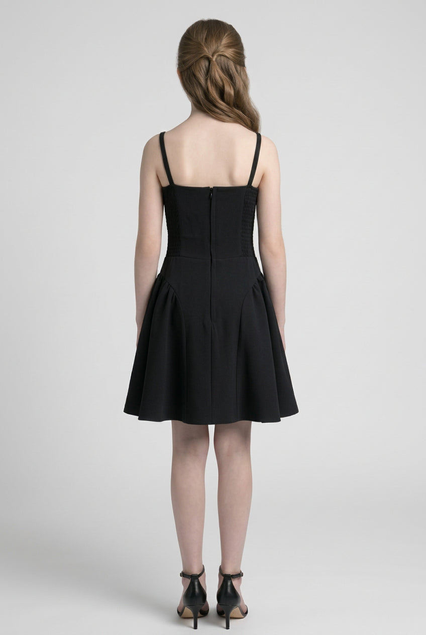 Girls Party Dress with Crystal Hip Detail & Bow - Black