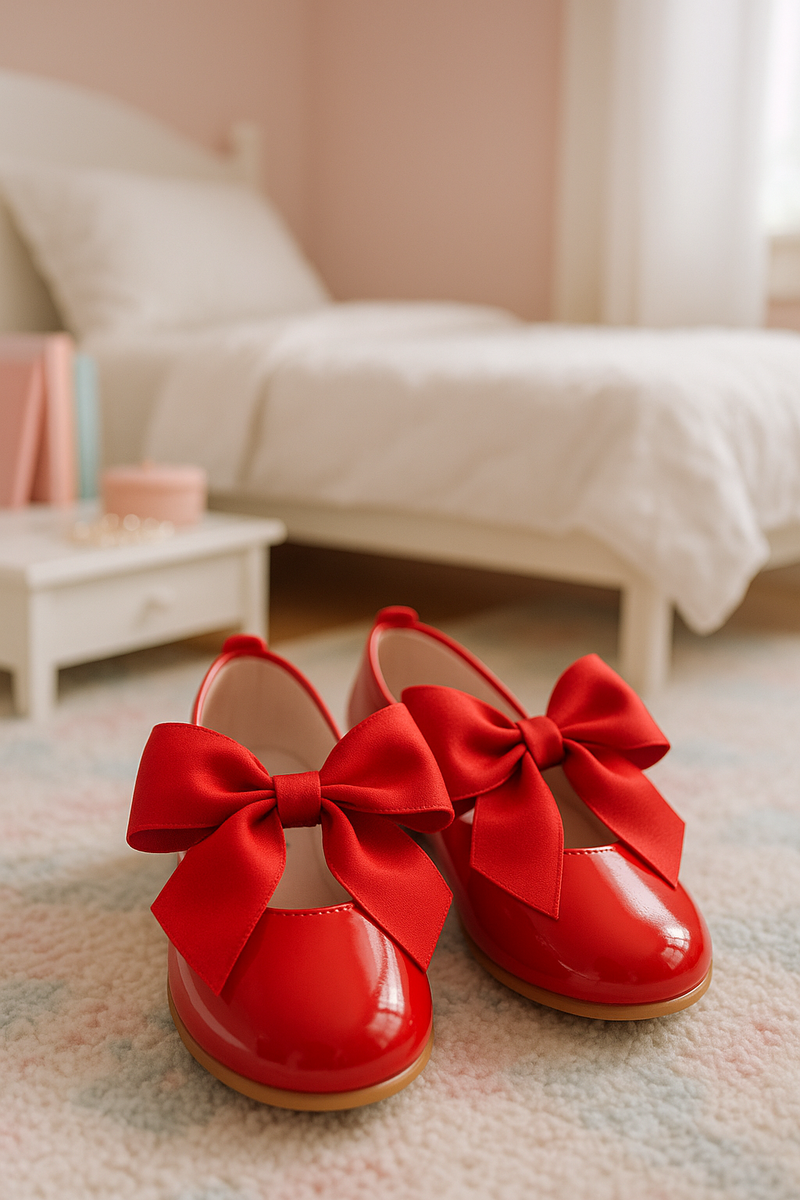 Girls' Spanish Style Mary Jane Flats - Shiny Patent Faux Leather Bow Shoes For Wedding, Communion