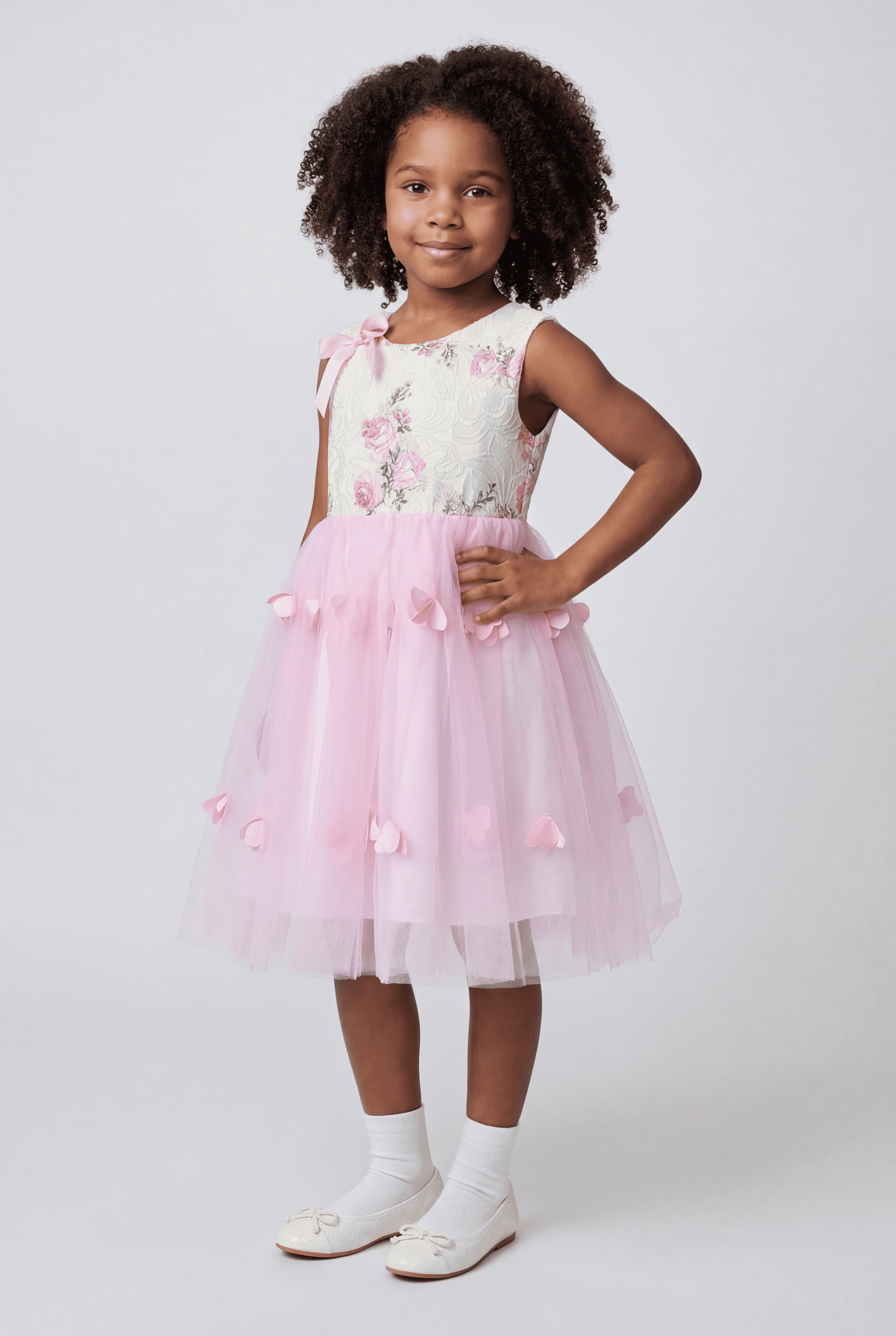 Girls Pink Floral Dress with Tulle Skirt & Back Bow