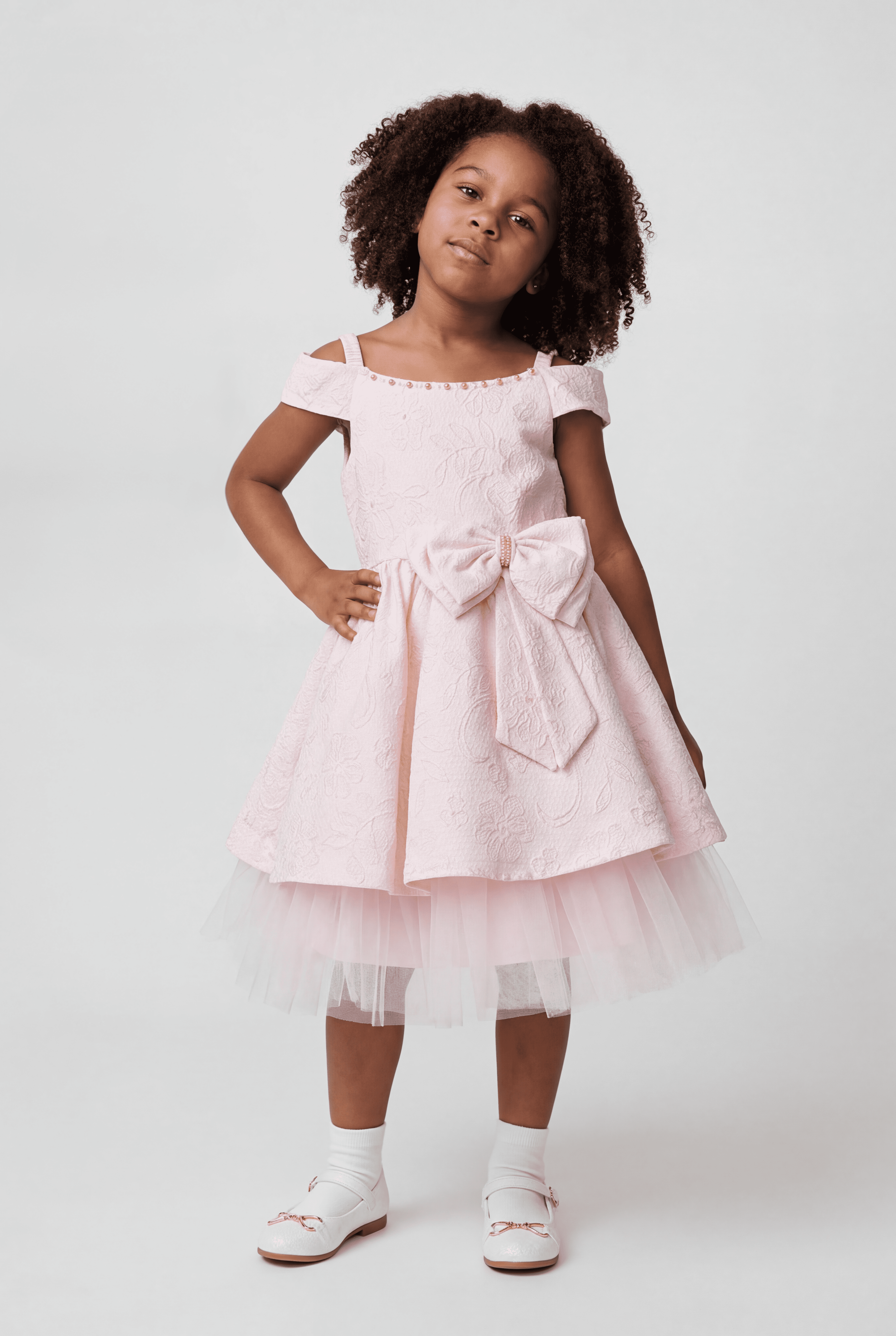 Girls Pink Jacquard Party Dress with Bow & Tulle Skirt