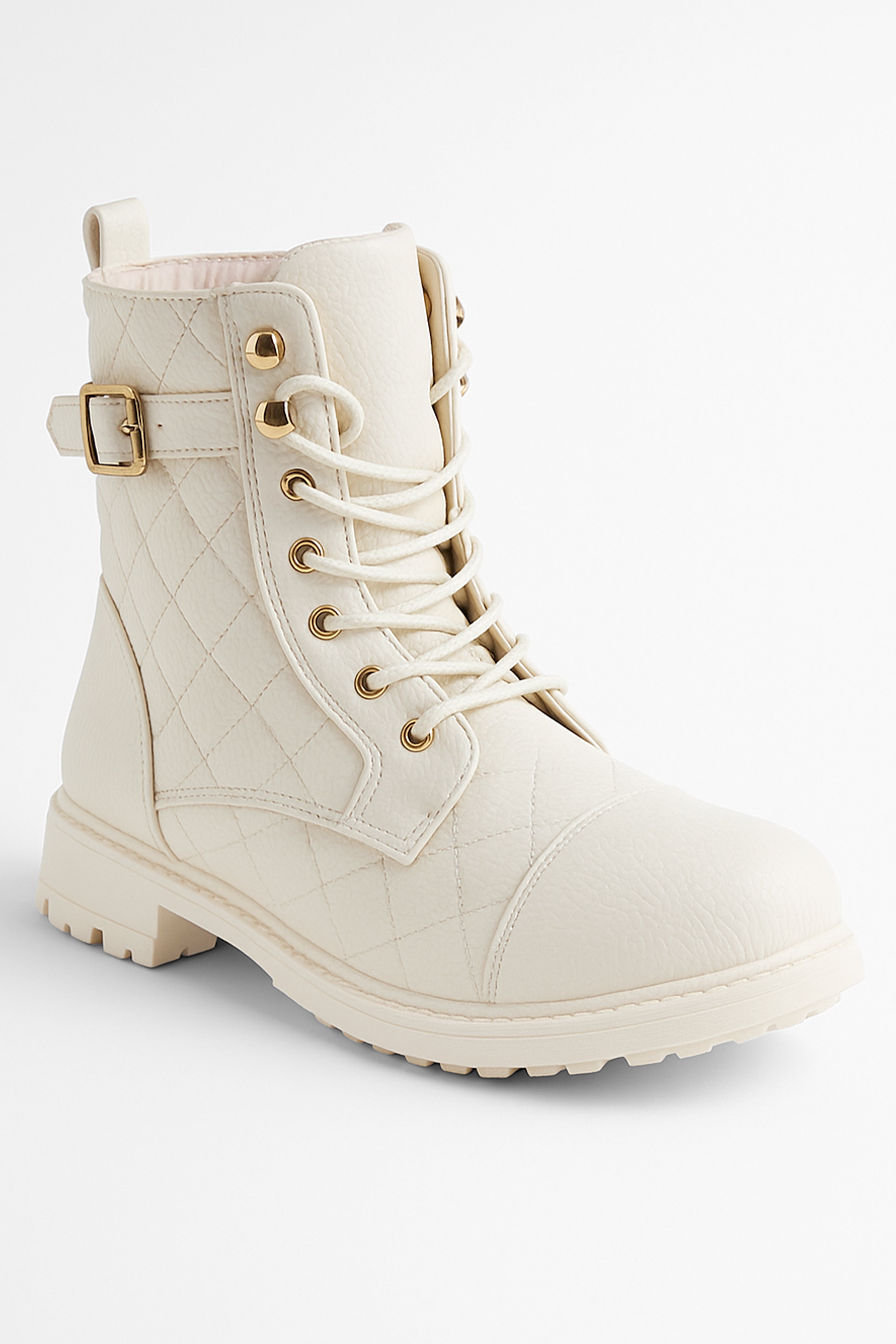 Girls' Quilted Lace-Up Combat Boots - SAGE - Cream Side Picture