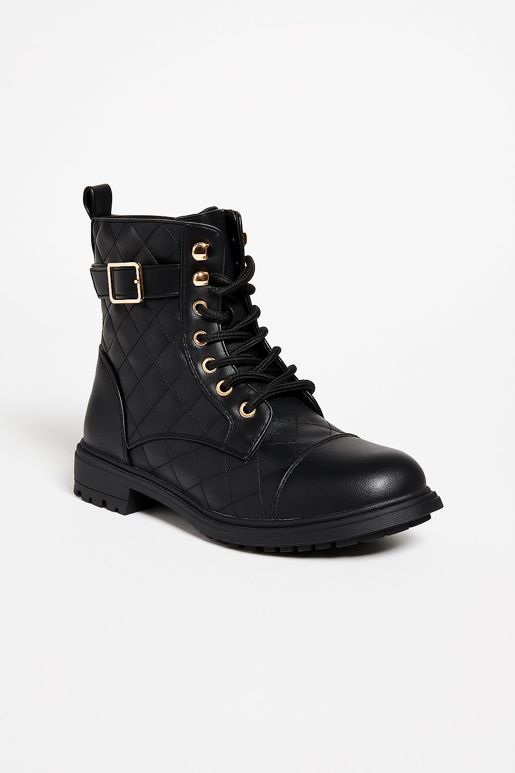 Girls' Quilted Lace-Up Combat Boots - SAGE - Black Side Picture