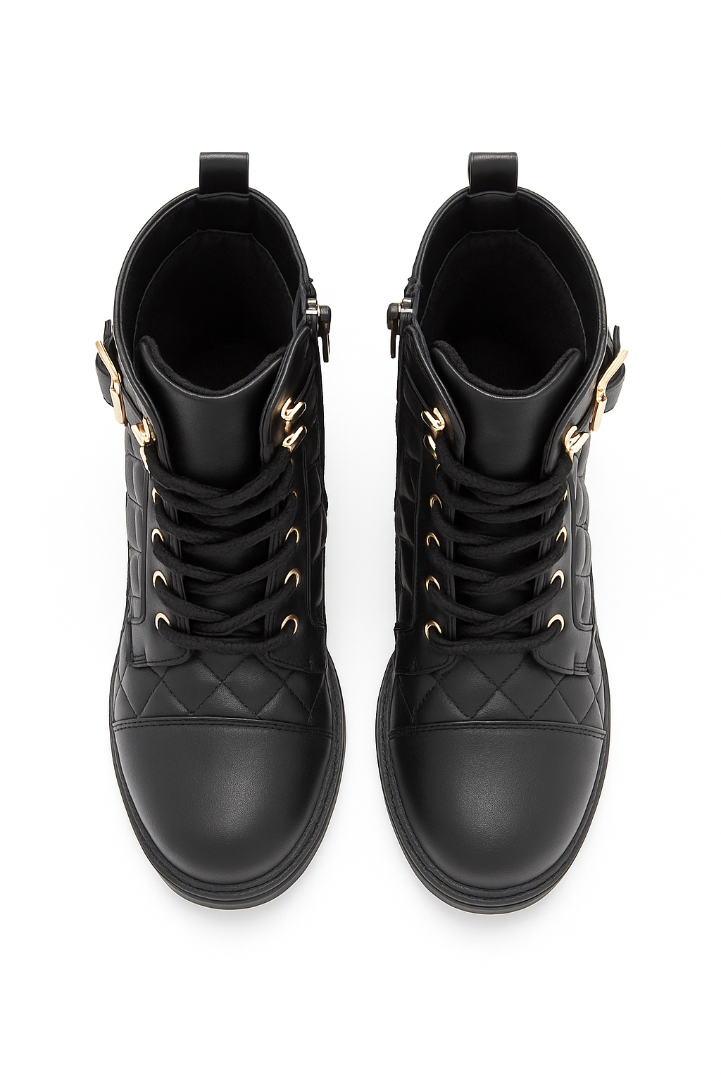 Girls' Quilted Lace-Up Combat Boots - SAGE - Black Front Picture