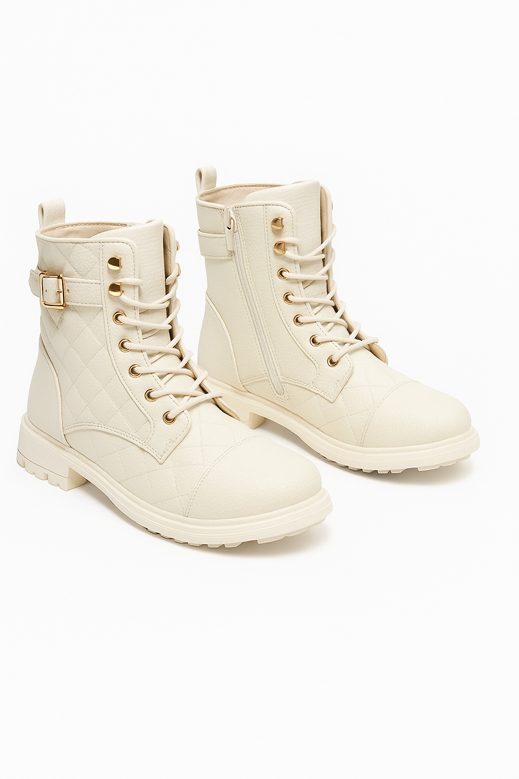 Girls' Quilted Lace-Up Combat Boots - SAGE - Cream Pair Side Picture