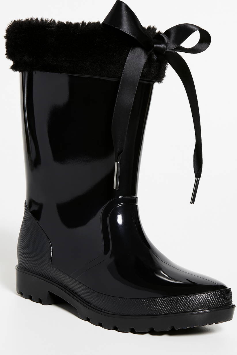 Girls' Ribbon Wellington Boots with Faux Fur, Waterproof Wellies – VIVIAN - Black Side Picture