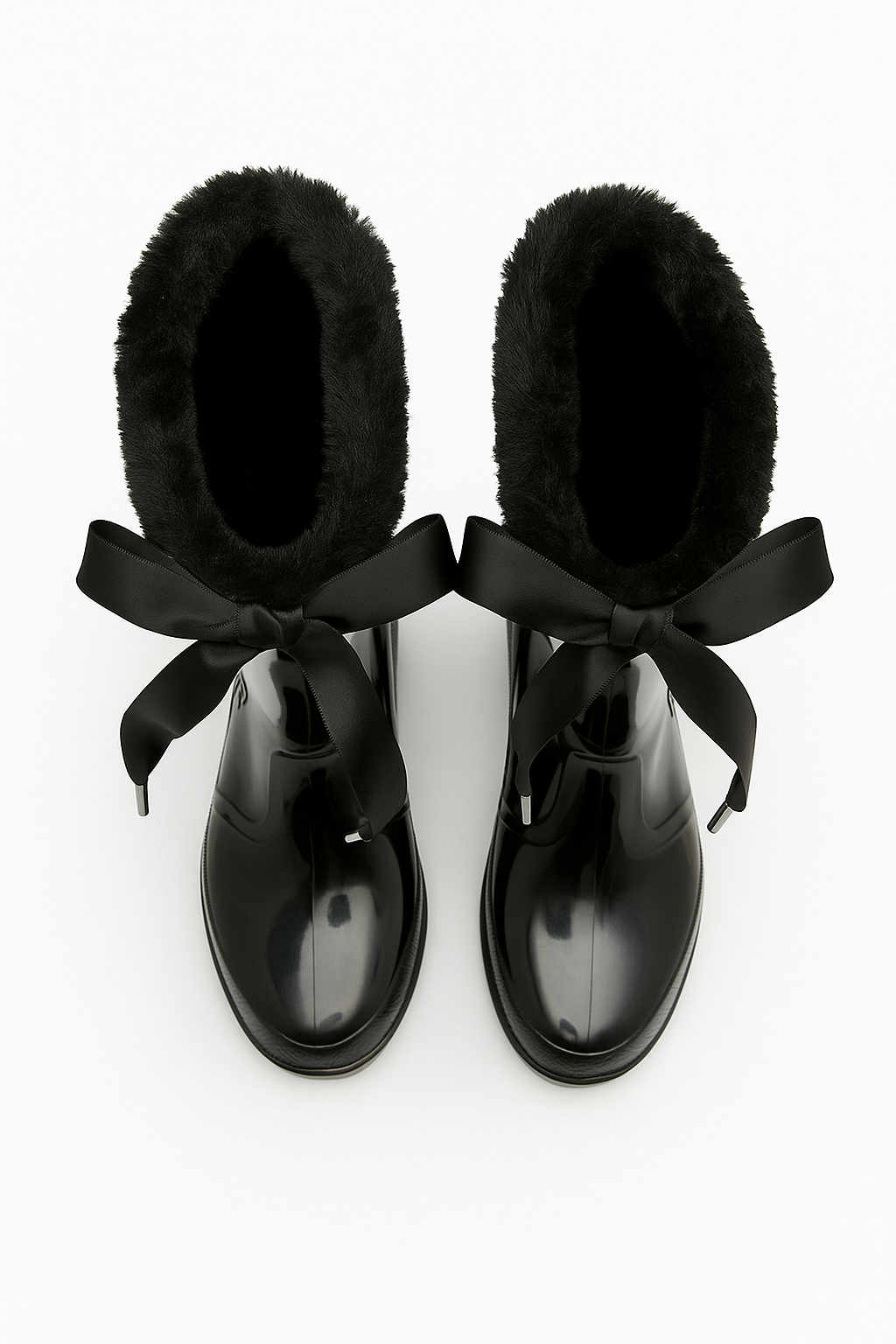 Girls' Ribbon Wellington Boots with Faux Fur, Waterproof Wellies – VIVIAN - Black Front Picture