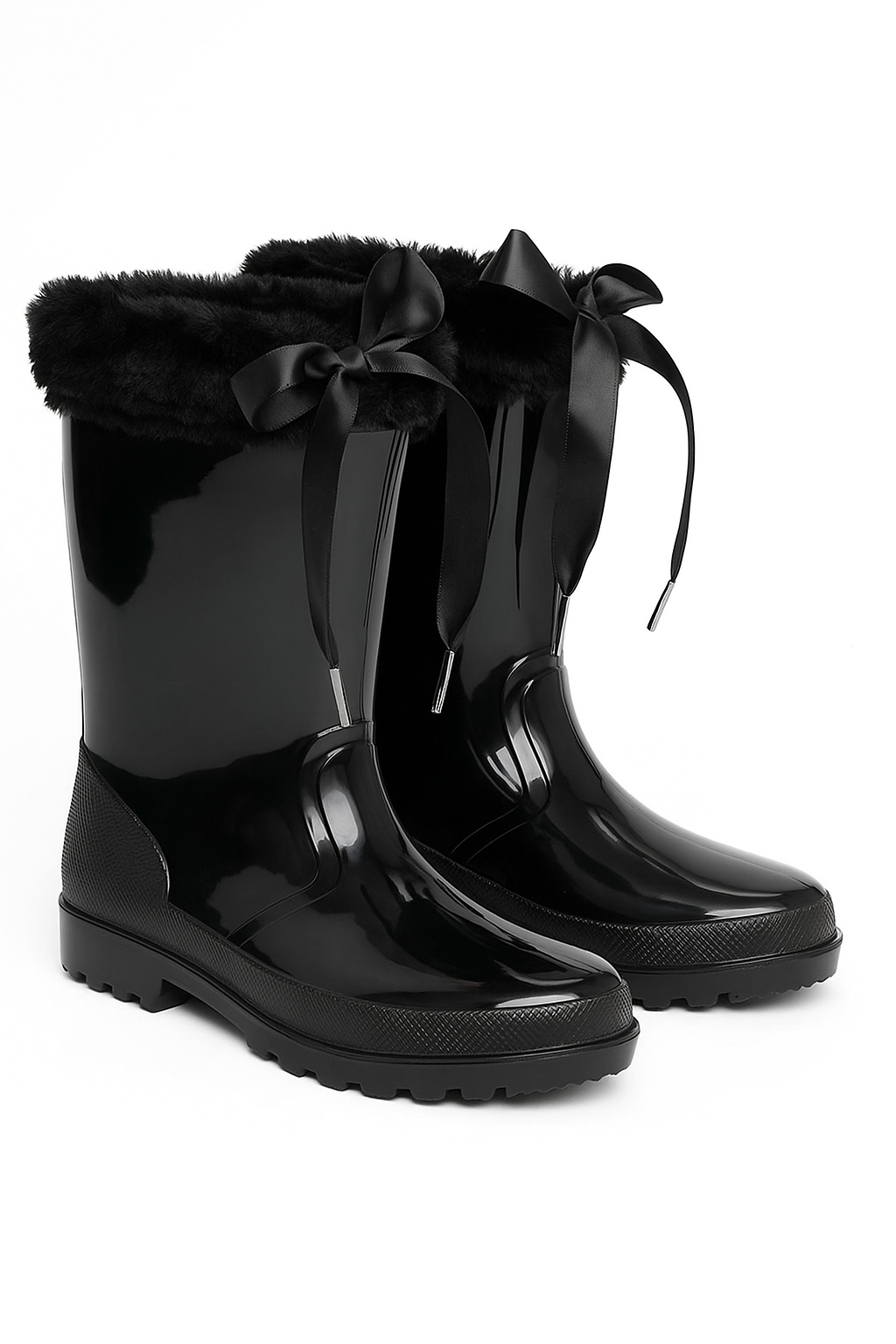 Girls' Ribbon Wellington Boots with Faux Fur, Waterproof Wellies – VIVIAN - Black Pair Side Picture