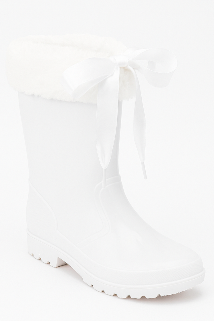 Girls' Ribbon Wellington Boots with Faux Fur, Waterproof Wellies – VIVIAN - White Side 