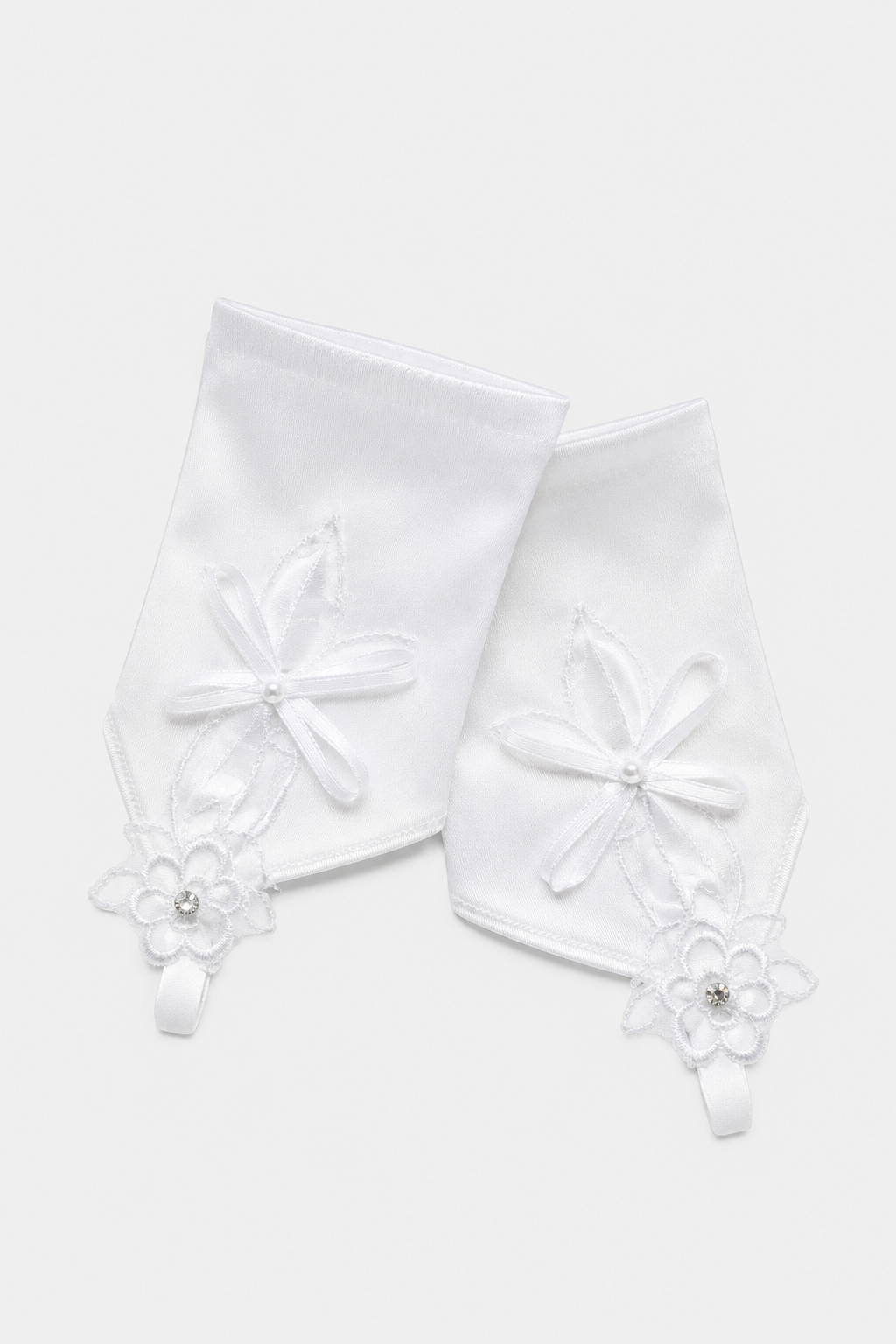 Girls’ Satin Fingerless Occasion Gloves with Lace Flower Detail – White