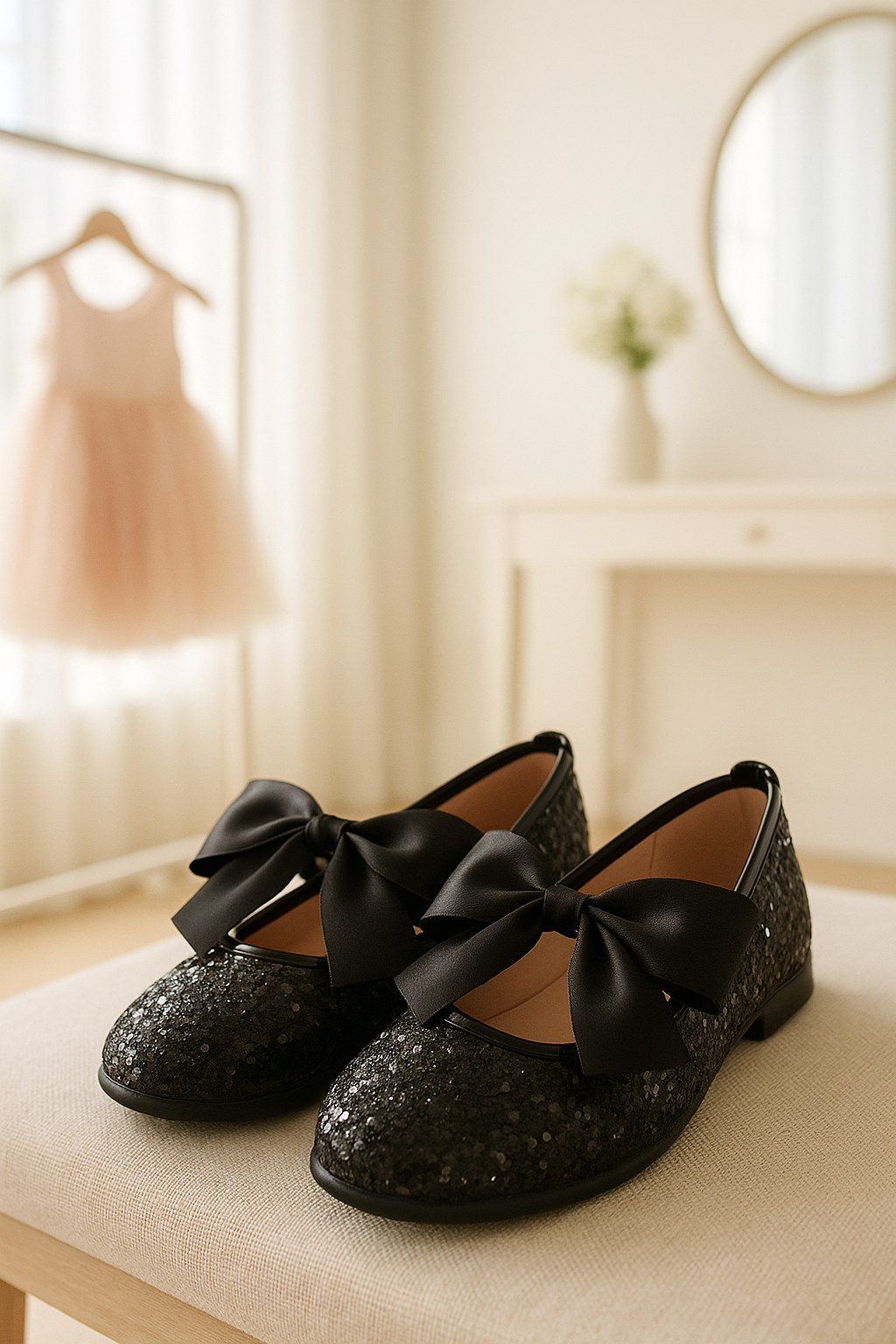 Girls Sequin Ballerina Flat Pumps - LOLA - Black