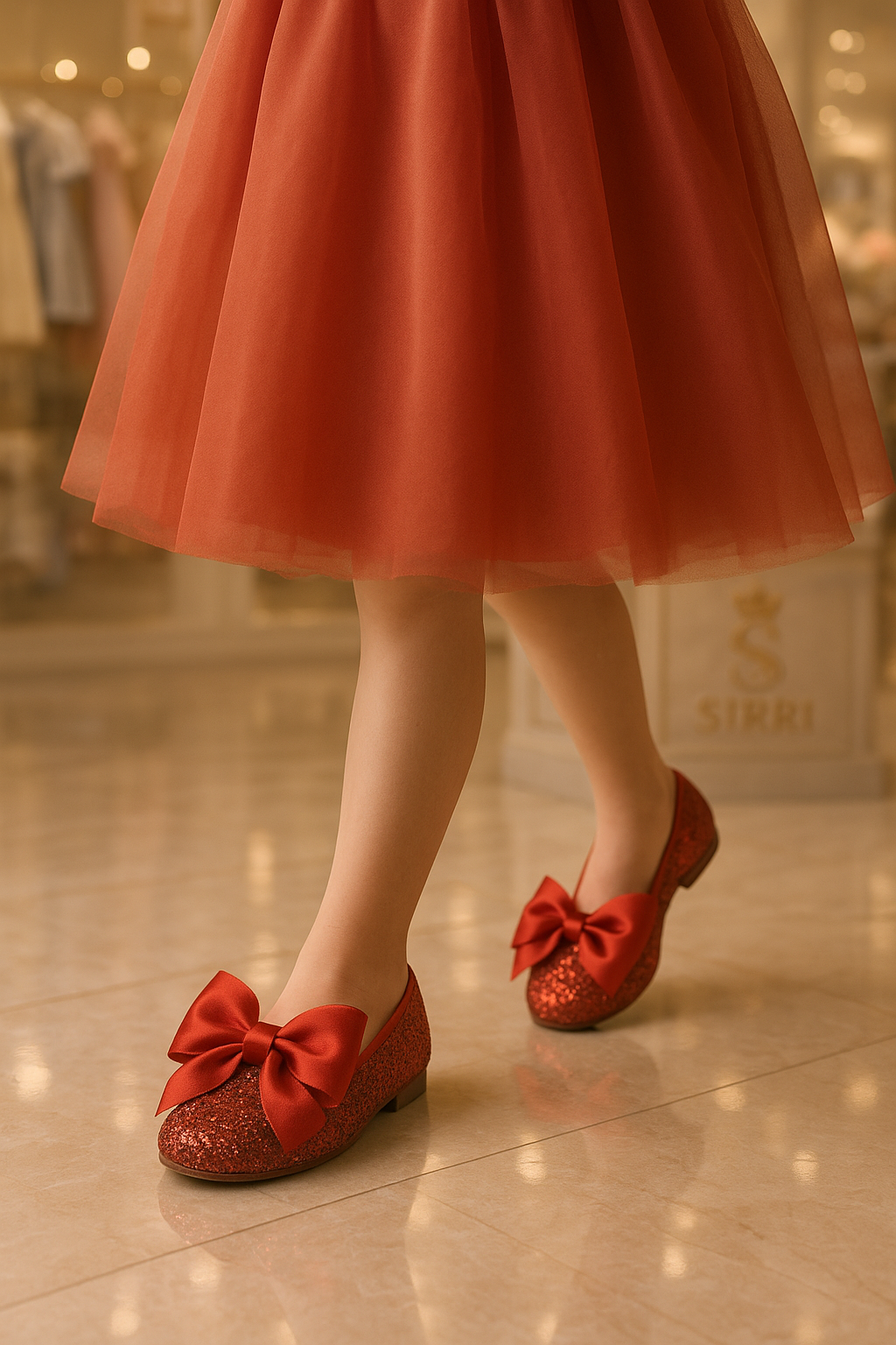 Girls Sequin Ballerina Flat Pumps - LOLA - Red Model Picture