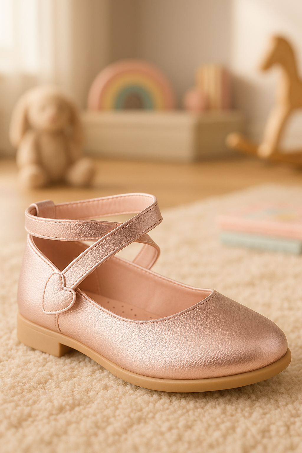 Girls' Shiny Mary Jane Flat Shoes with Criss Cross Strap - Pink