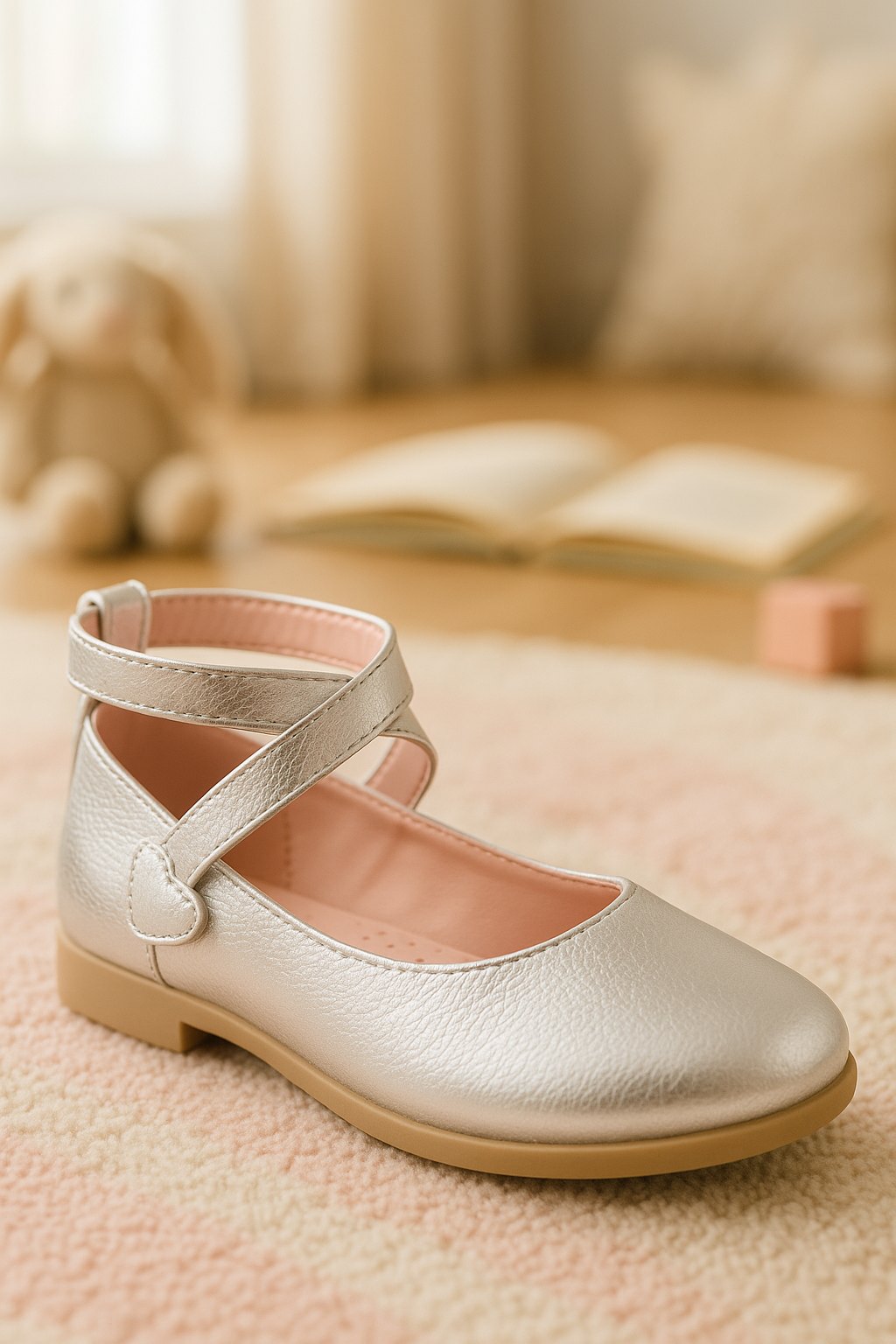 Girls' Shiny Mary Jane Flat Shoes with Criss Cross Strap - Silver