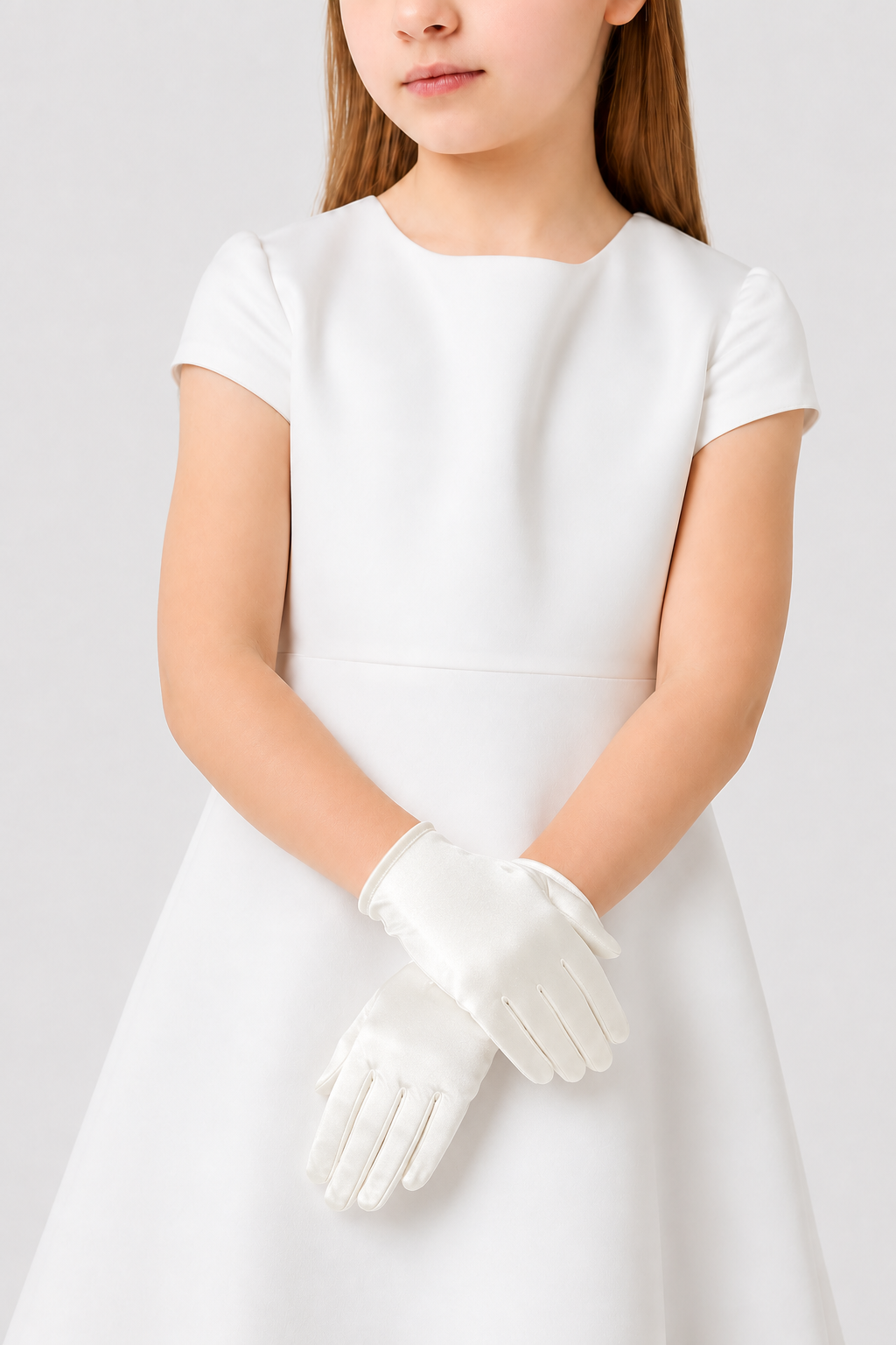 Girls Short Plain Satin Formal Gloves – White
