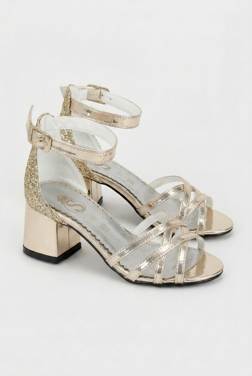 Girls Strappy Block Heel Sandals - Gold