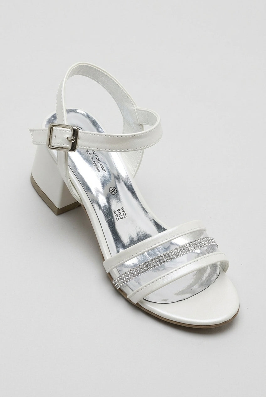 Girls Strappy Heel Sandal Shoes with Rhinestone Trim - Pearl White