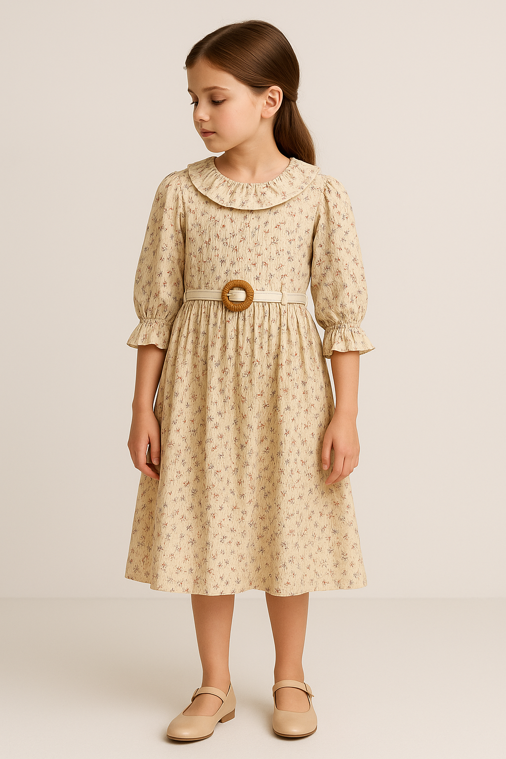 Girls’ Vintage Floral Dress with Belt and Ruffled Collar - Beige