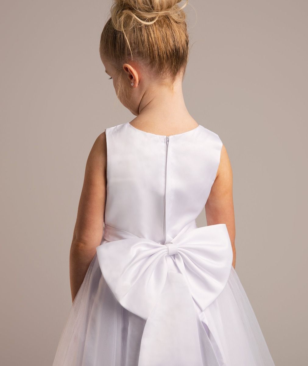 Girls’ White Tulle Communion Dress with Bow - Zia Back Detail Picture