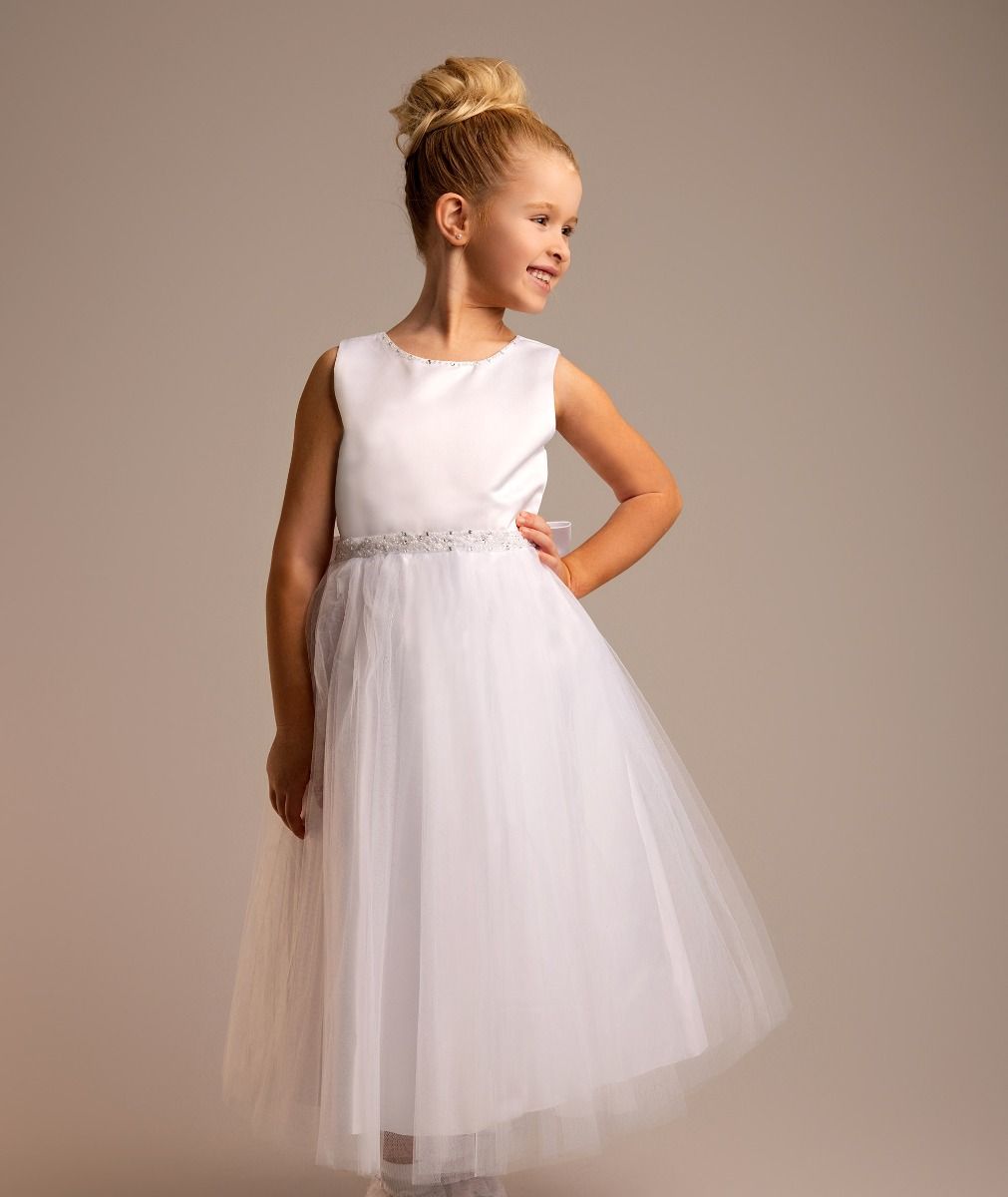 Girls’ White Tulle Communion Dress with Bow - Zia Model Front Picture