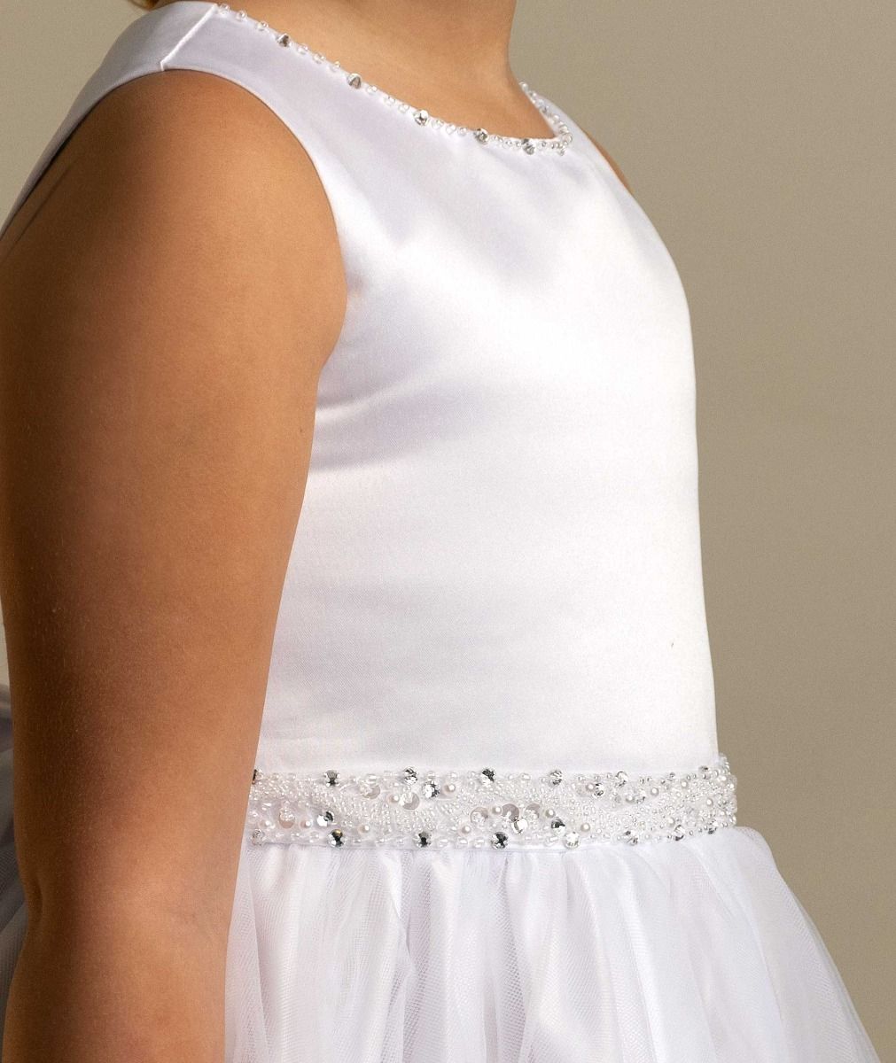 Girls’ White Tulle Communion Dress with Bow - Zia Front Detail Picture