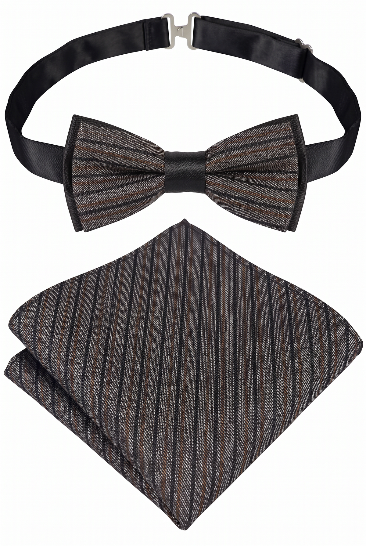 Boys Striped Bow Tie & Pocket Square Set - BWST - Grey and Black