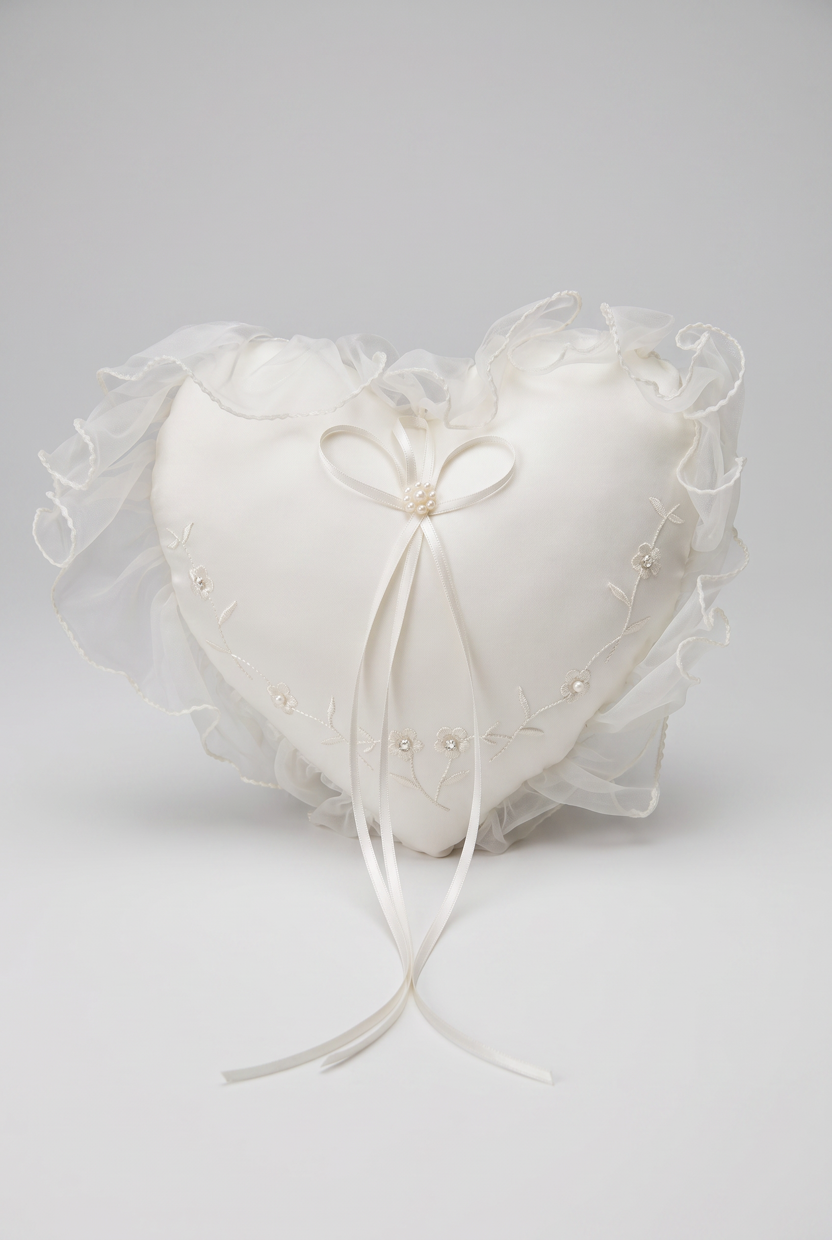 Heart Shaped Wedding Ring Bearer Pillow with Floral Embroidery - Ivory