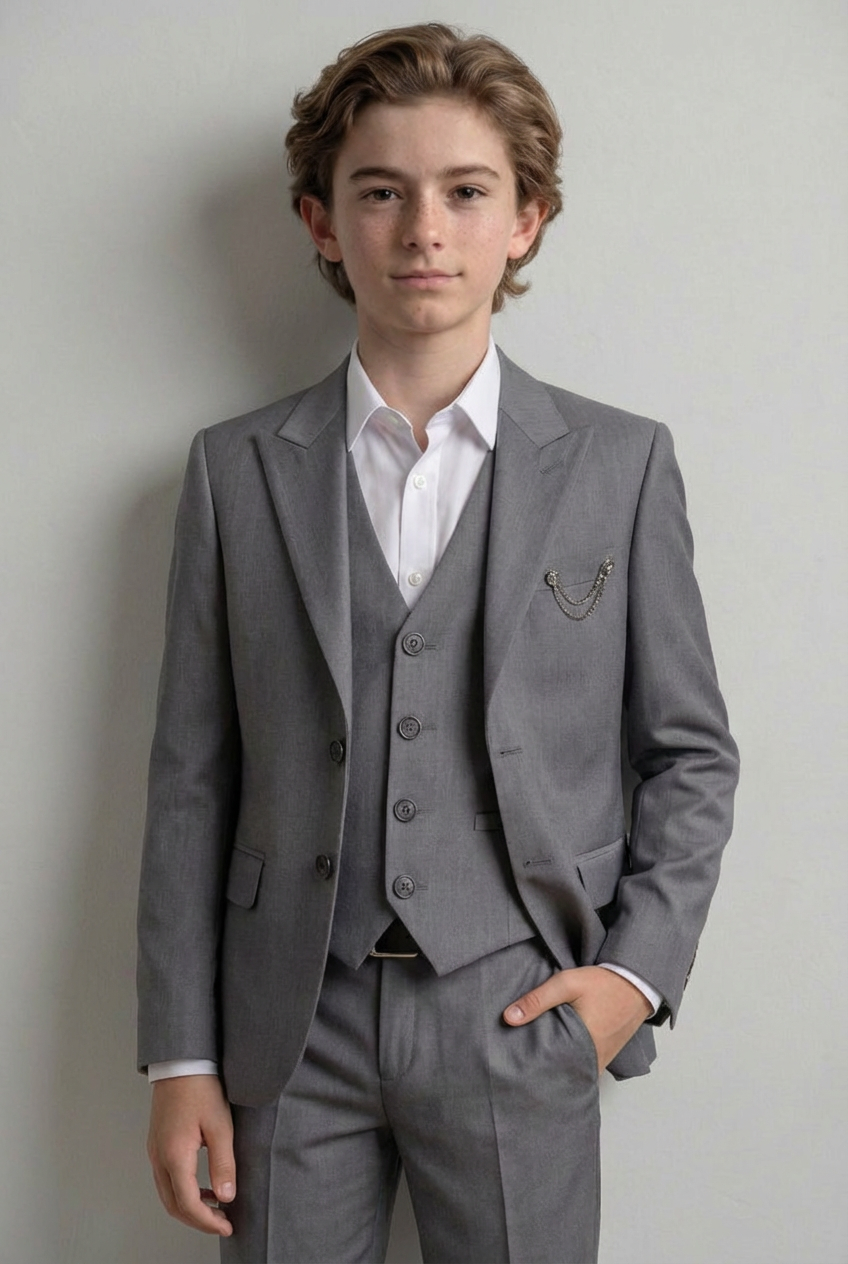 Boys 4-Piece Slim Fit Twill Suit -GREY