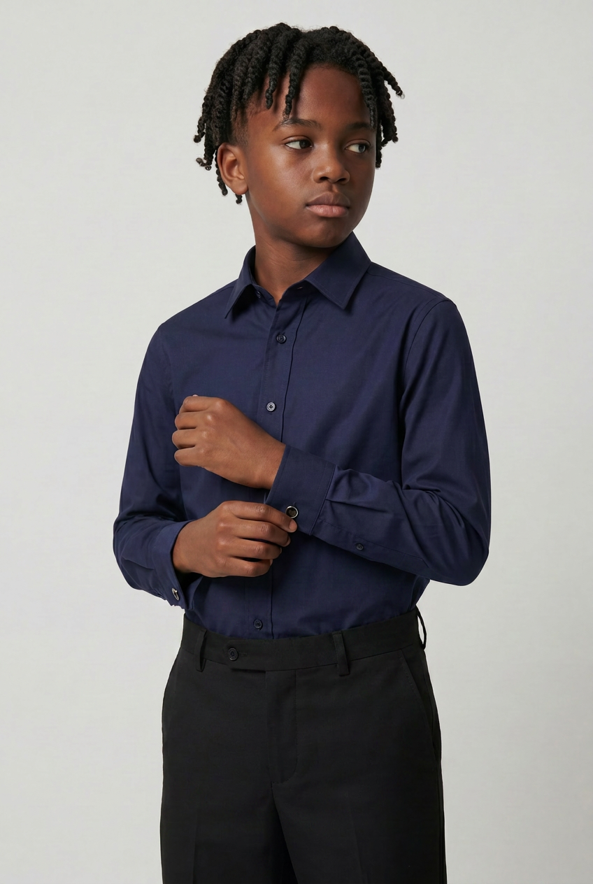 Boys Classic Collar Dress Shirt with Cufflinks -  Navy
