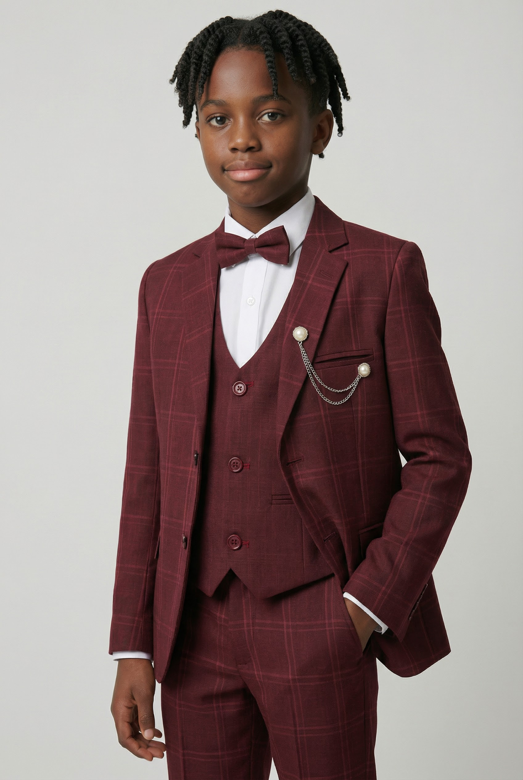 Boys Slim Fit Windowpane Check Burgundy Suit Set - Burgundy