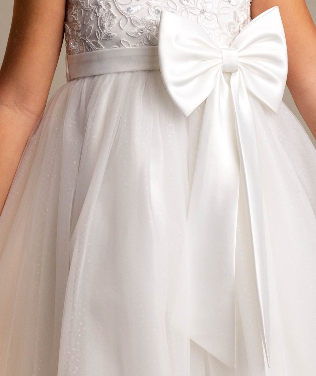 Ivory Floral Embroidery Flower Girl Dress with Bow - Kayla Detail Picture