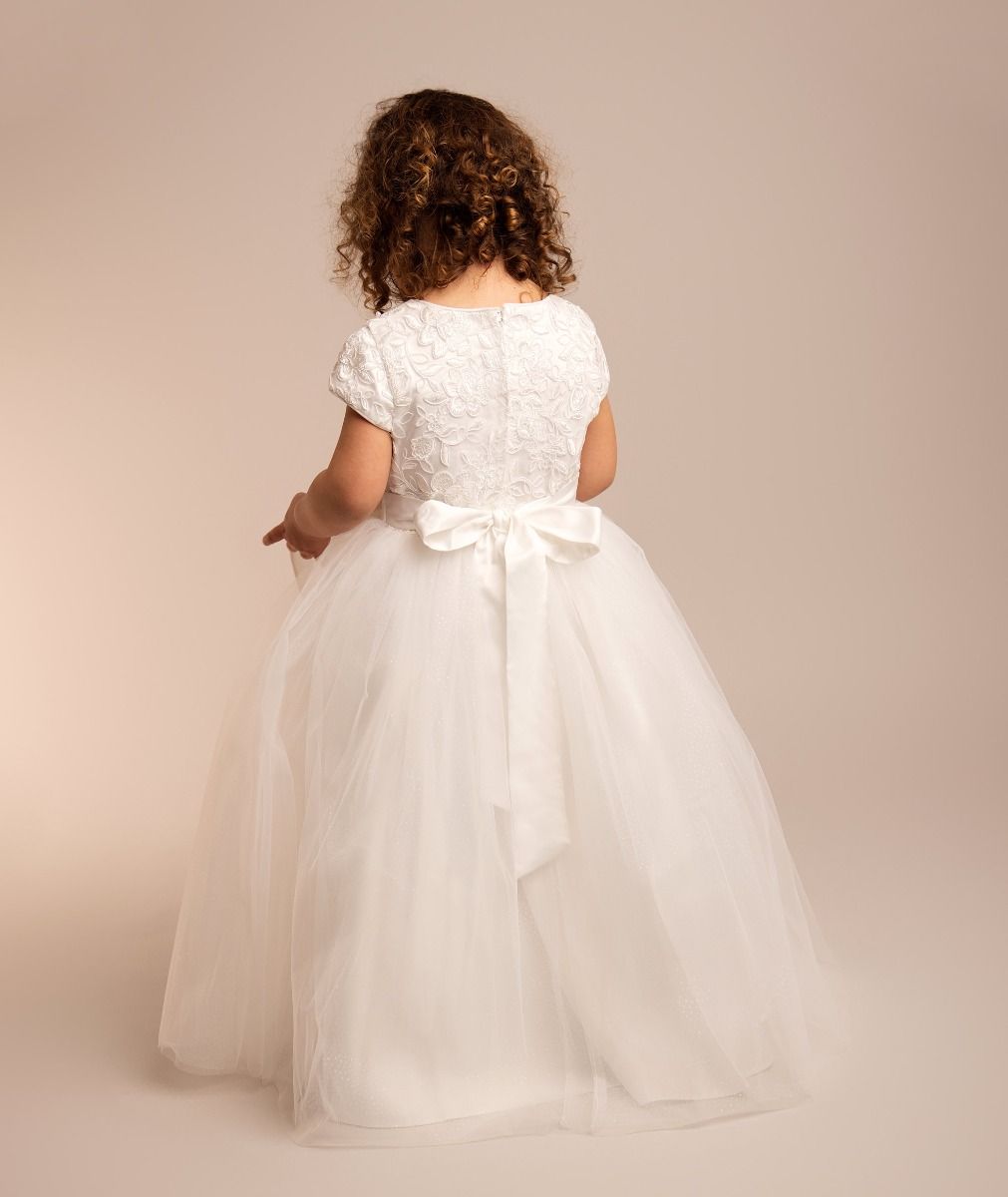 Ivory Floral Embroidery Flower Girl Dress with Bow - Kayla Model Back Picture
