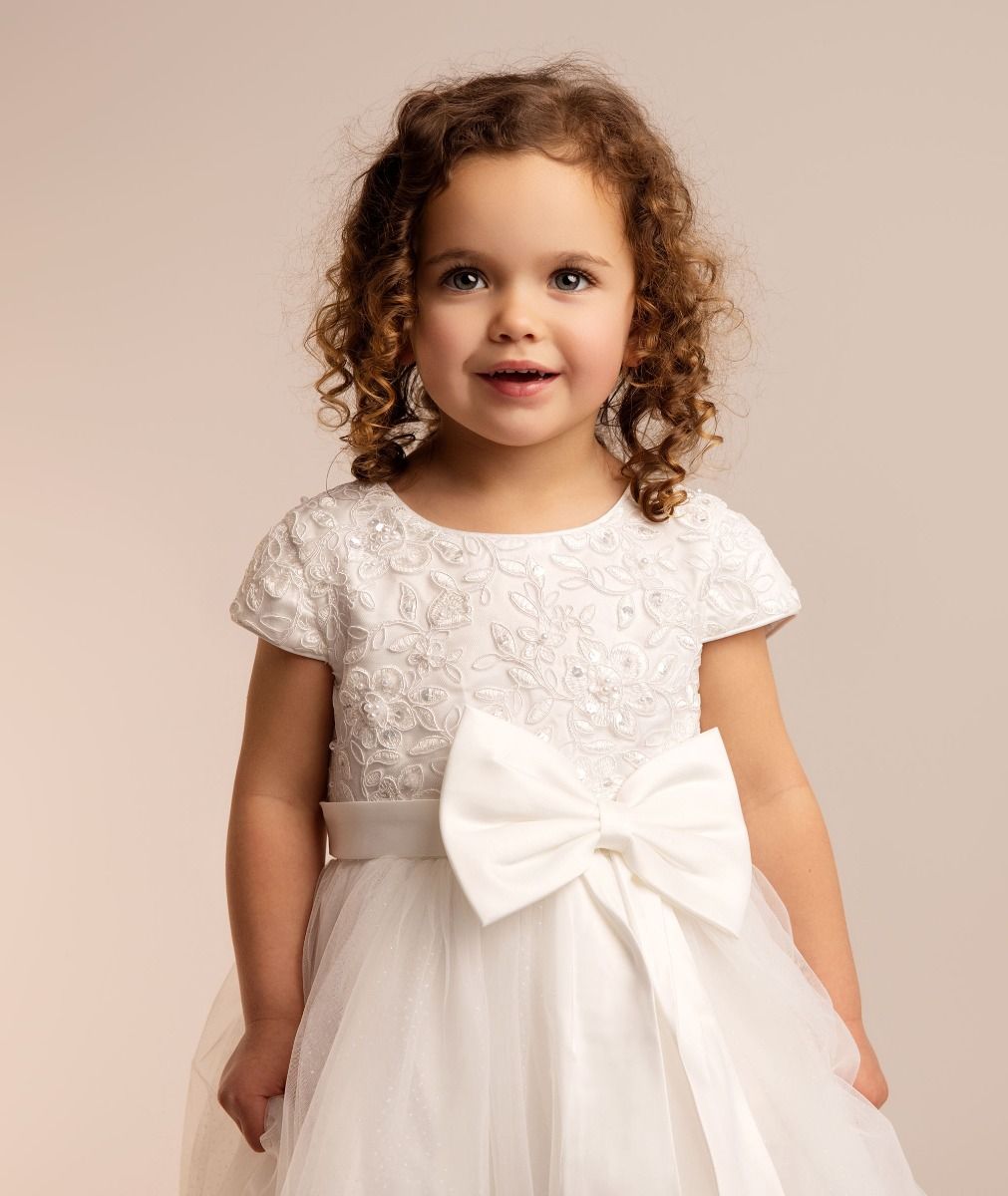 Ivory Floral Embroidery Flower Girl Dress with Bow - Kayla Front Detail Picture