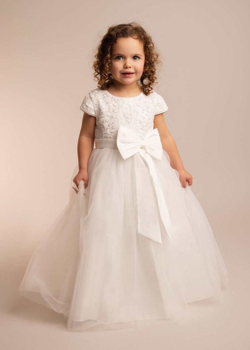 Ivory Floral Embroidery Flower Girl Dress with Bow - Kayla Model Picture