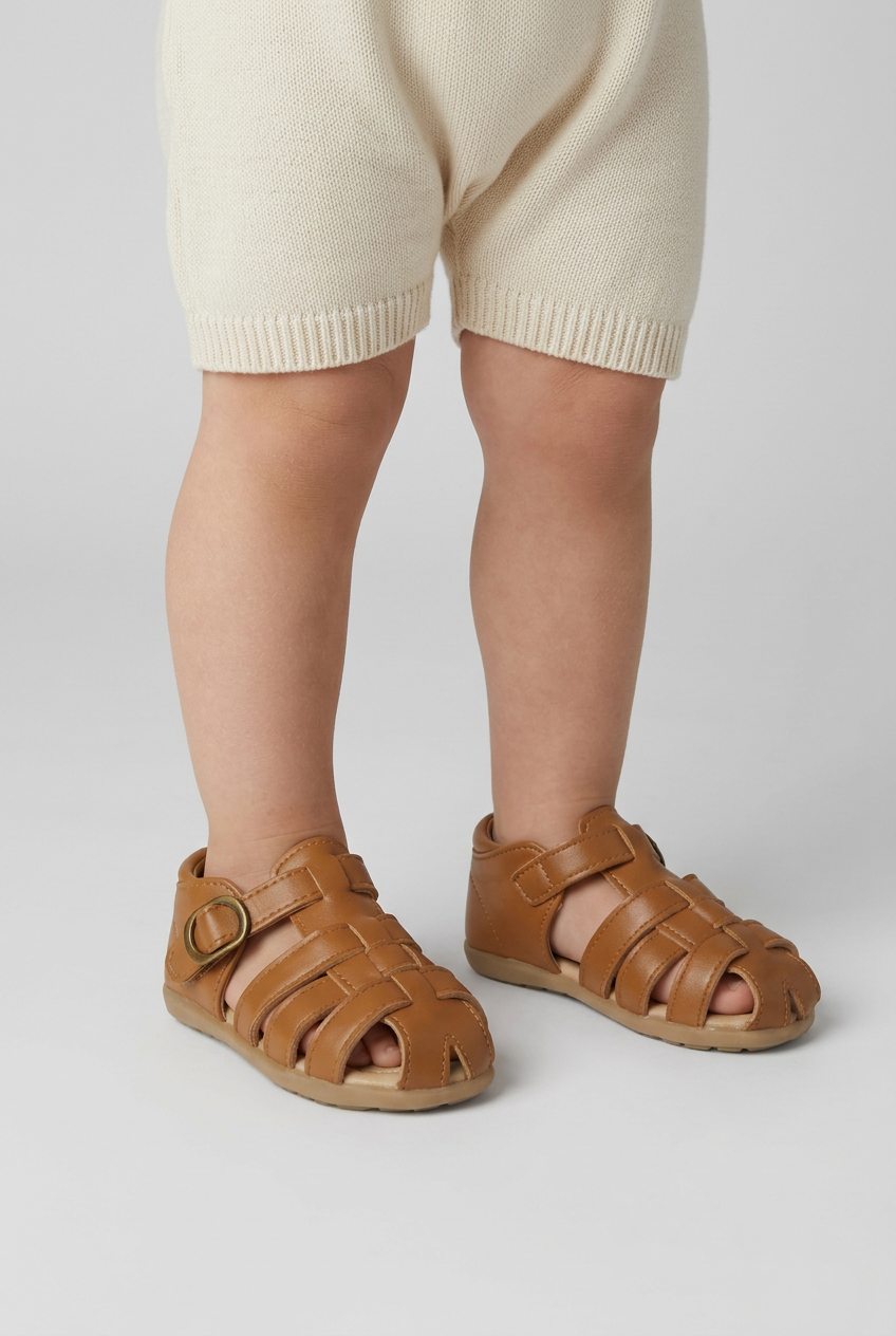 Kids Leather Fisherman Sandals Tan Brown – Toddler Boys Girls Closed Toe Summer Buckle Shoes