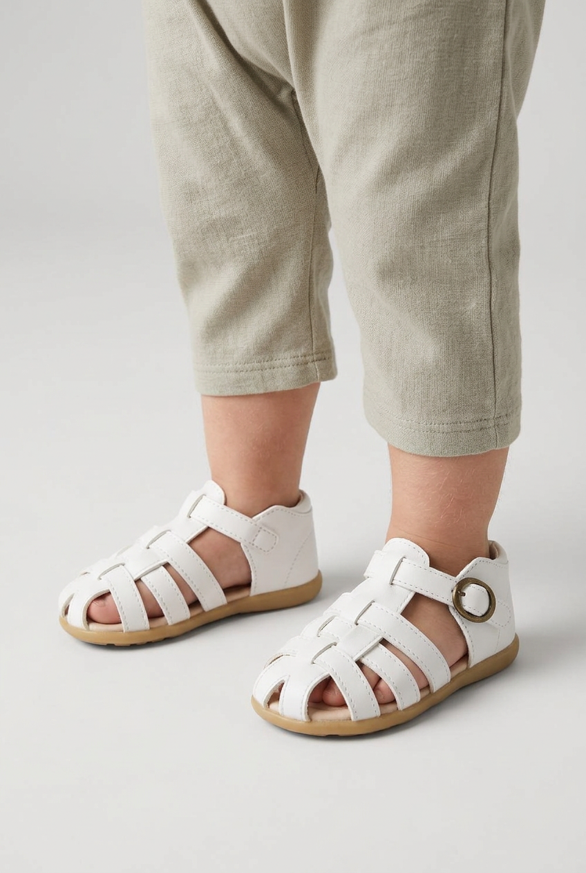 Kids Leather Fisherman Sandals White – Toddler Boys Girls Closed Toe Summer Buckle Shoes