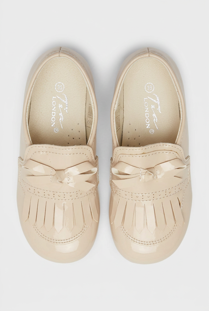 Kids’ Unisex Patent Bow & Fringe Loafers – Smart Occasion Shoes - Beige