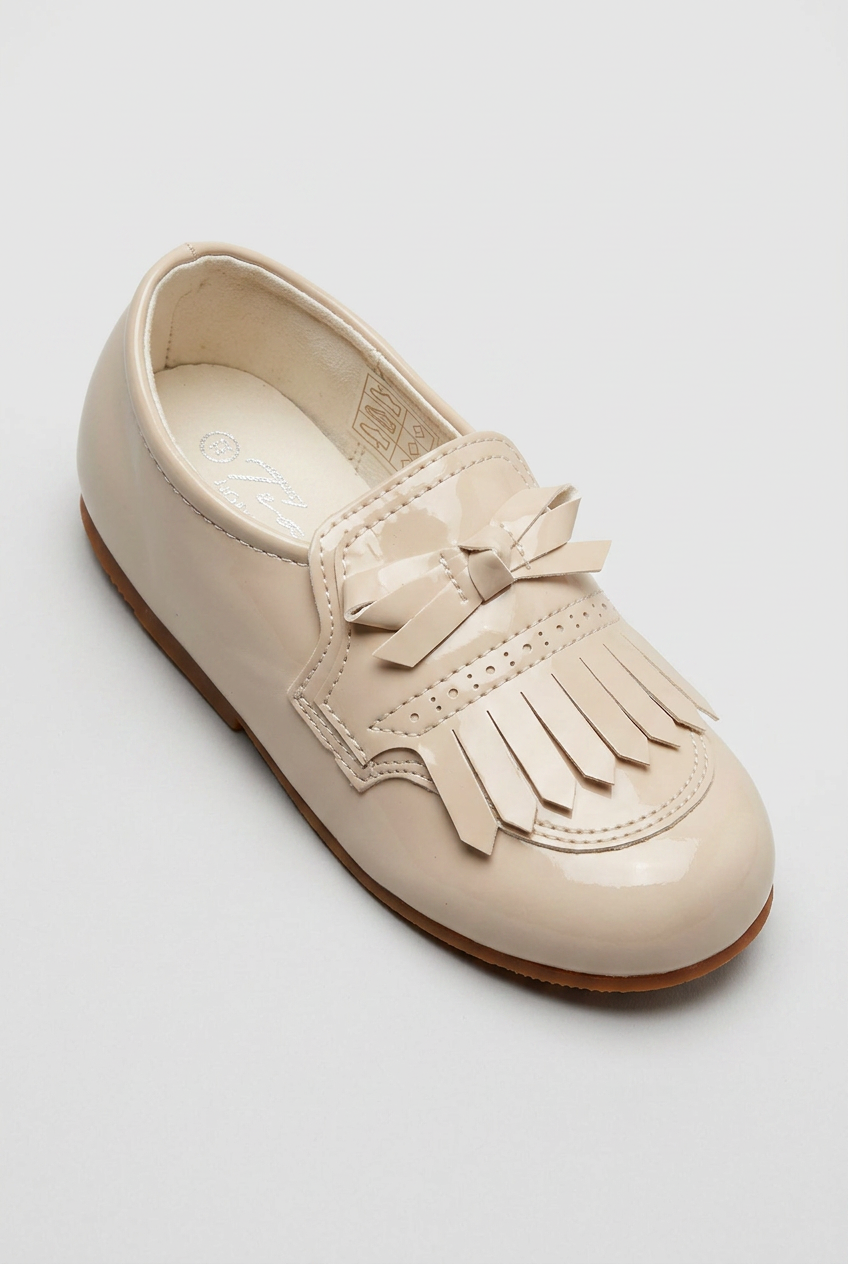 Kids’ Unisex Patent Bow & Fringe Loafers – Smart Occasion Shoes - Beige