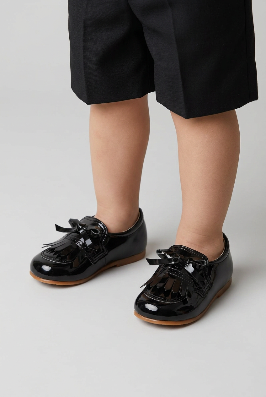 Kids’ Unisex Patent Bow & Fringe Loafers – Smart Occasion Shoes - Black
