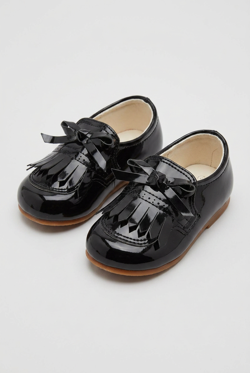 Kids’ Unisex Patent Bow & Fringe Loafers – Smart Occasion Shoes - Black