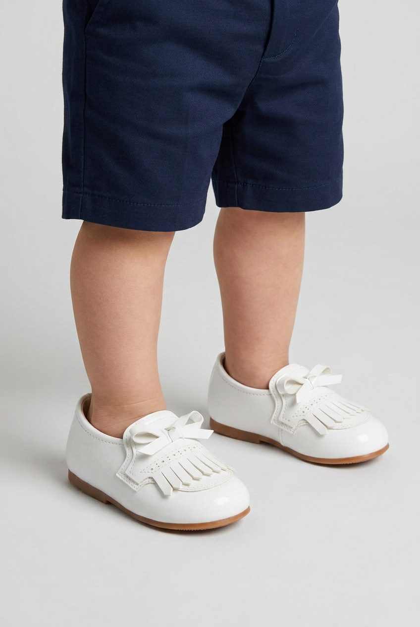 Kids’ Unisex Patent Bow & Fringe Loafers – Smart Occasion Shoes - White