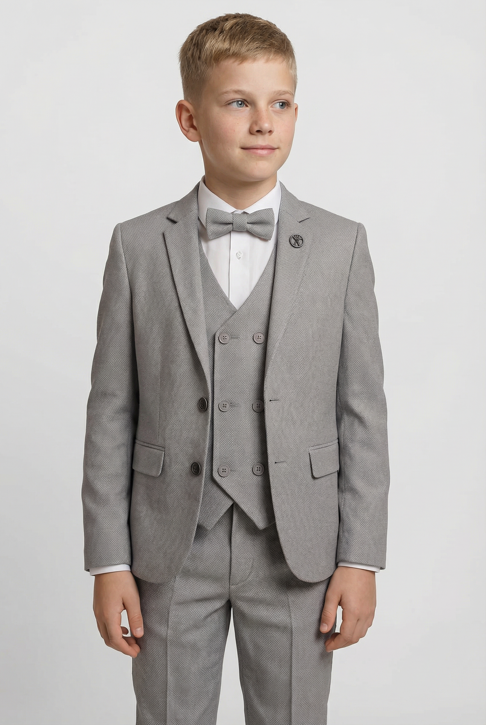 Boys 5-Piece Textured Weave Suit with Double Breasted Waistcoat - Light Grey