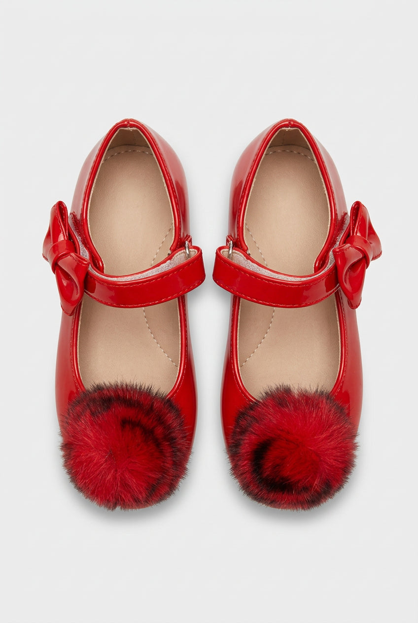 Little Girls Patent Pom Pom Mary Jane Shoes - Red Front Picture