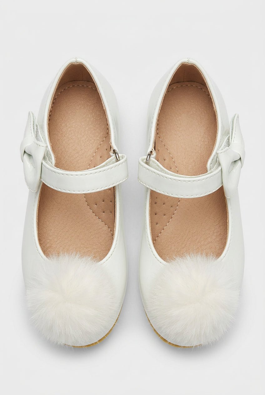 Little Girls Patent Pom Pom Mary Jane Shoes - White Front Picture